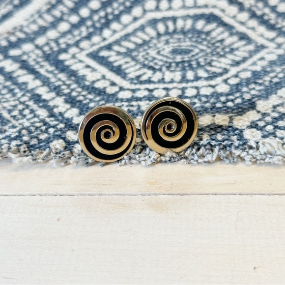 Swank Cufflinks Black Swirl Silver Art Deco Off Set Vintage Mens Formal Wear - Picture 1 of 8